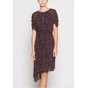 🥑Joie Nancilea Navy Abstract Silk Ruffle Tiered Midi Dress Boho Tea Length 6